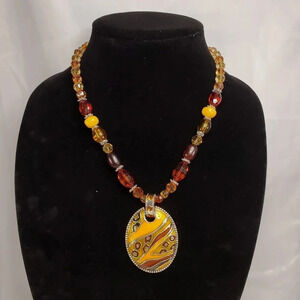Boho Amber Colored Beaded Necklace With Enamel Pendent 8-9 Drop Adjustable